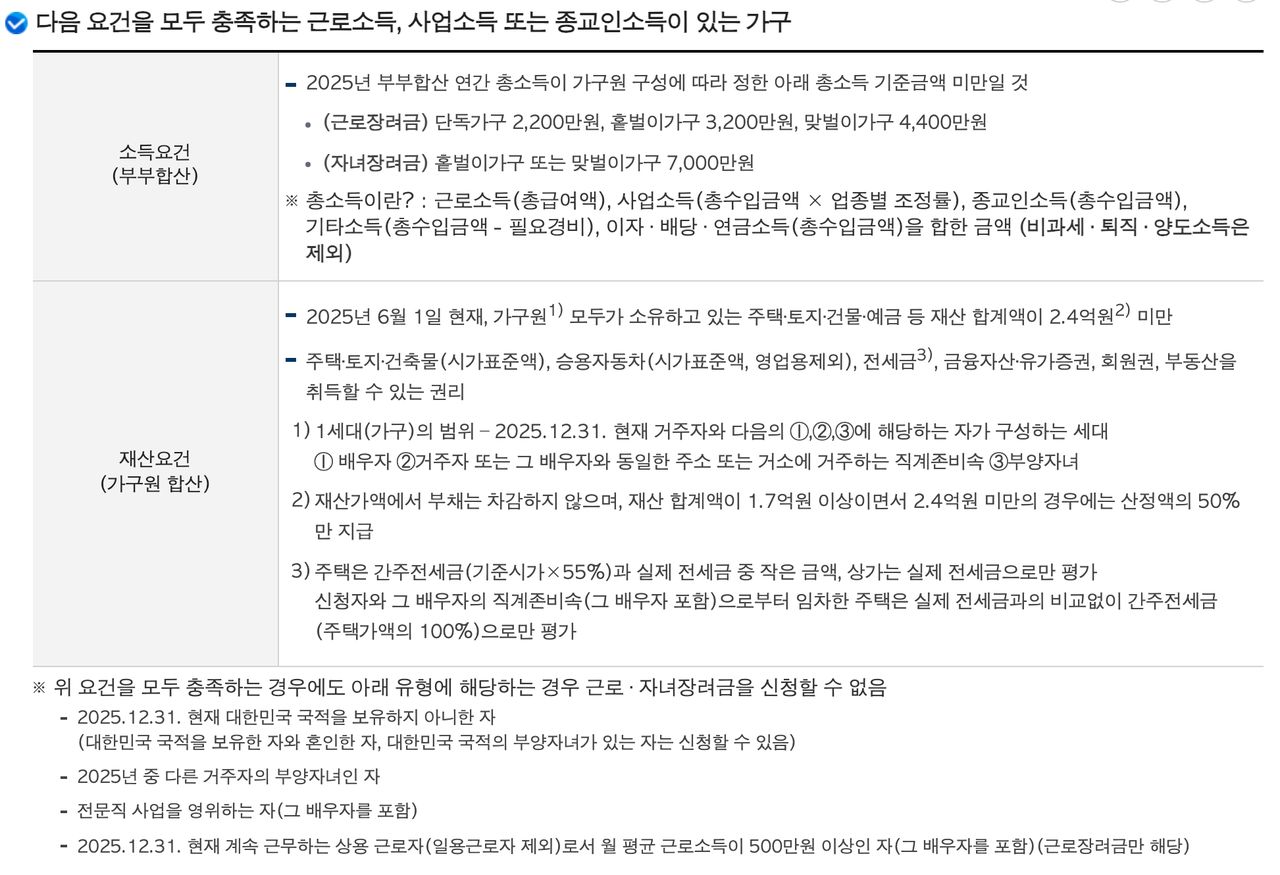 국세청 신청자격 페이지의 소득요건과 재산요건 표. 자녀장려금 총소득 기준 7,000만원, 재산 2.4억원 미만과 1.7억원 이상 50% 지급, 부채 미차감 조항