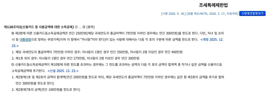 국가법령정보센터 조세특례제한법 제126조의2 제10항과 제11항 화면. 기본한도 연간 250만원(총급여 7천만원 이하 300만원), 자녀등이 1명이면 350만원 또는 275만원, 2명 이상이면 400만원 또는 300만원, 한도 초과 시 전통시장·대중교통 등 금액을 연간 200만원(7천만원 이하는 문화체육 포함 300만원) 한도로 추가한다는 조문이 보인다
