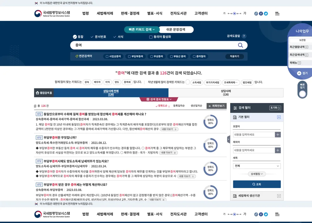국세법령정보시스템 국세상담센터 상담사례 검색 결과화면. 증여재산공제, 증여세 계산, 동일인 합산과세 등 126건의 공식 상담사례 목록