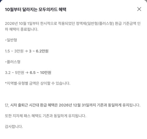 모두의카드 공식 누리집 팝업 공지 '10월부터 달라지는 모두의카드 혜택'. 2026년 10월 1일부터 한시적으로 적용되었던 정액제(일반형/플러스형) 환급 기준금액 인하 혜택이 종료되어 일반형은 1.5~3만원에서 3~6.2만원, 플러스형은 3.2~5만원에서 6.5~10만원이 되며, 시차 출퇴근 시간대 환급 혜택은 2026년 12월 31일까지 기존과 동일하게 유지되고 지자체 패스 혜택도 유지된다고 적혀 있다