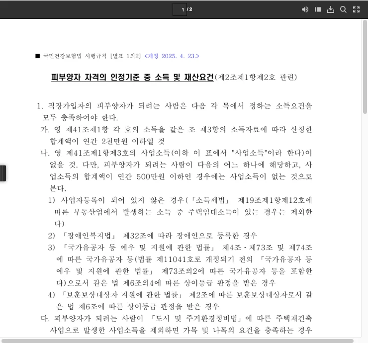 국민건강보험법 시행규칙 별표 1의2 소득요건. 소득 합계액이 연간 2천만 원 이하일 것, 사업소득이 없을 것, 사업자등록이 없는 경우 사업소득 연 500만 원 이하이면 없는 것으로 본다는 조문