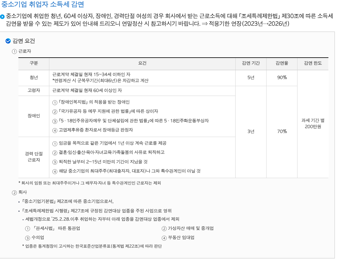 국세청 중소기업 취업자 소득세 감면 요건 표