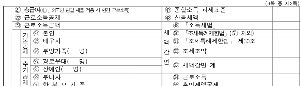 근로소득 원천징수영수증 2쪽 정산명세 상단. 왼쪽에 21 총급여, 22 근로소득공제, 23 근로소득금액, 24 본인 기본공제, 오른쪽에 47 종합소득 과세표준, 48 산출세액, 49~53 세액감면, 54 근로소득 세액공제