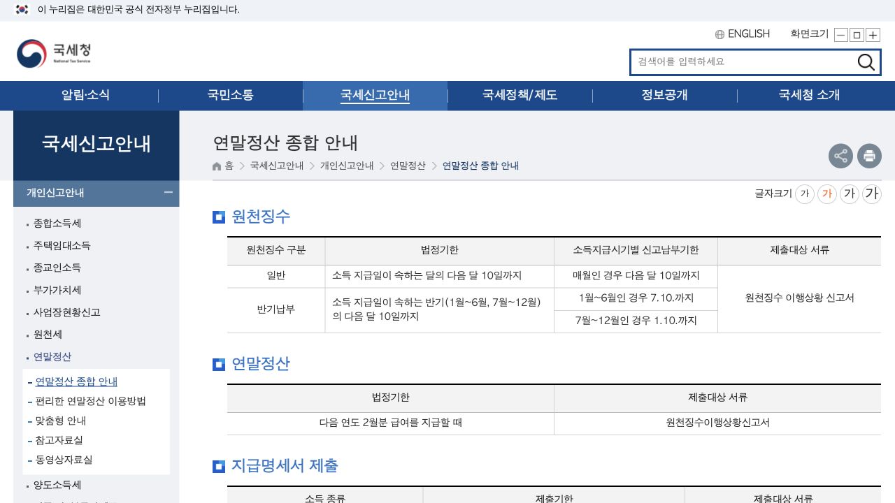 국세청 연말정산 종합 안내의 법정기한과 제출 서류 표